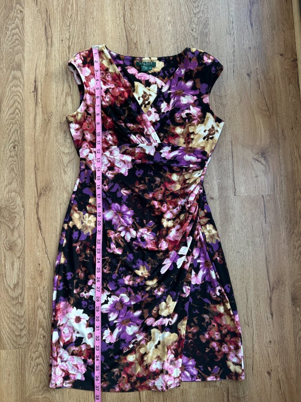 Lauren Ralph Lauren Floral Sheath Dress 10P‎ Petite Ruched V Neck Career Knee - Picture 7 of 8